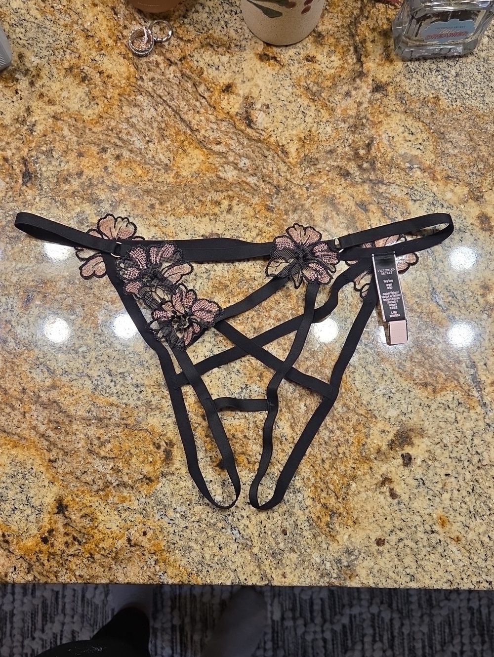 Victoria's Secret Black Strappy Thong with Pink Floral Embroidery